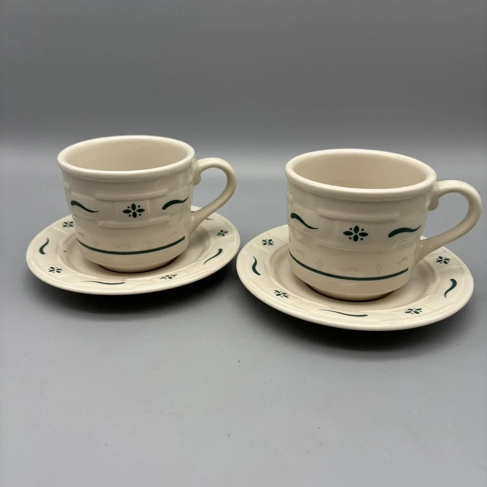 Longaberger Pottery Woven Traditions Classic w/ Green - Coffee Cup & Saucer Set2